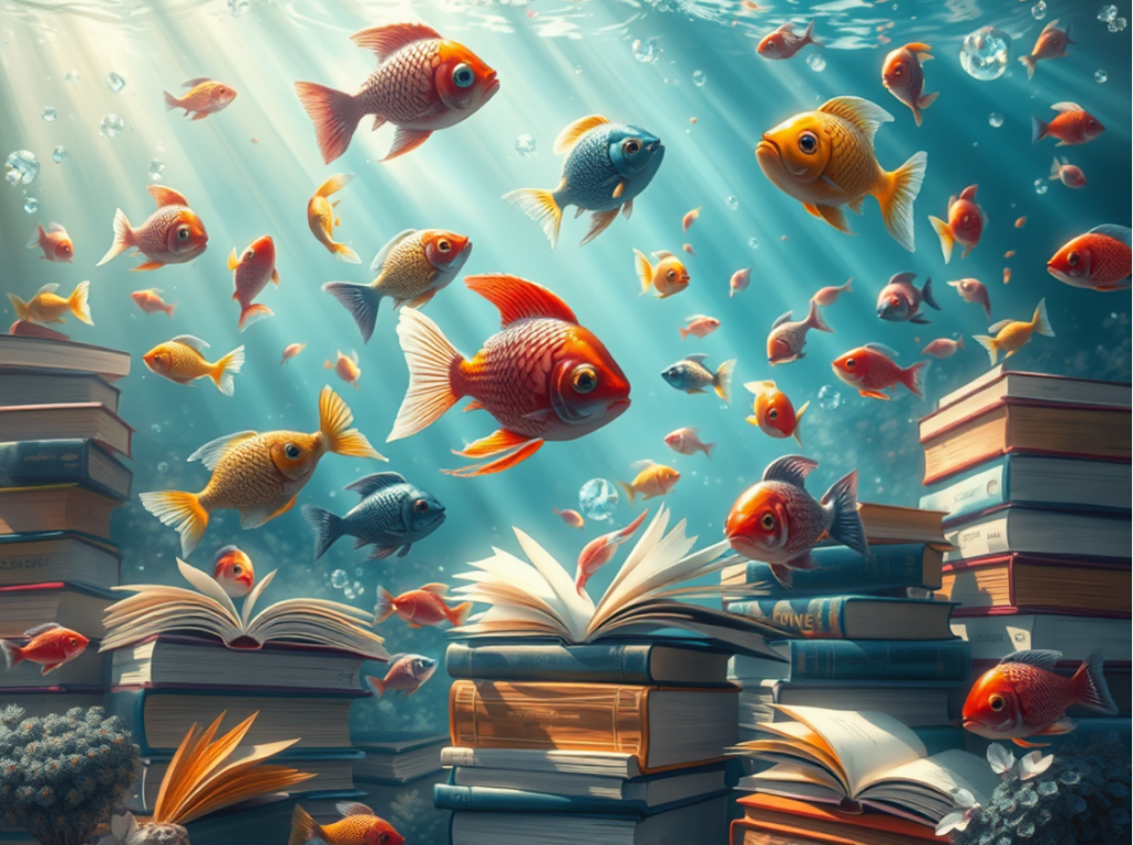 Peces y libros en el fondo del mar