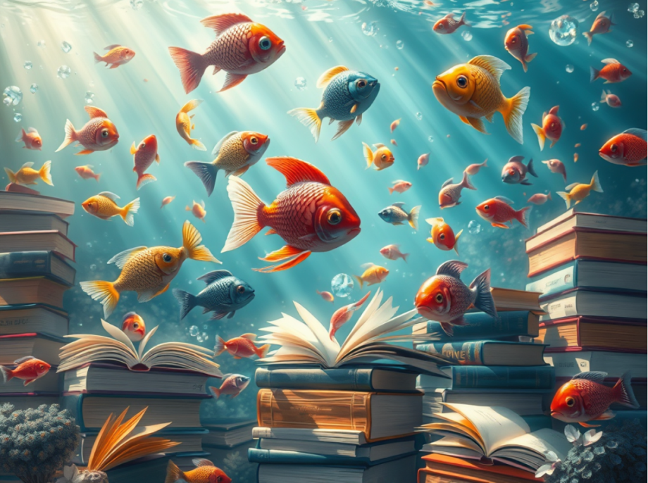 peces y libros en el fondo del mar