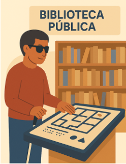 Persona ciega leyendo un plano háptico en una biblioteca